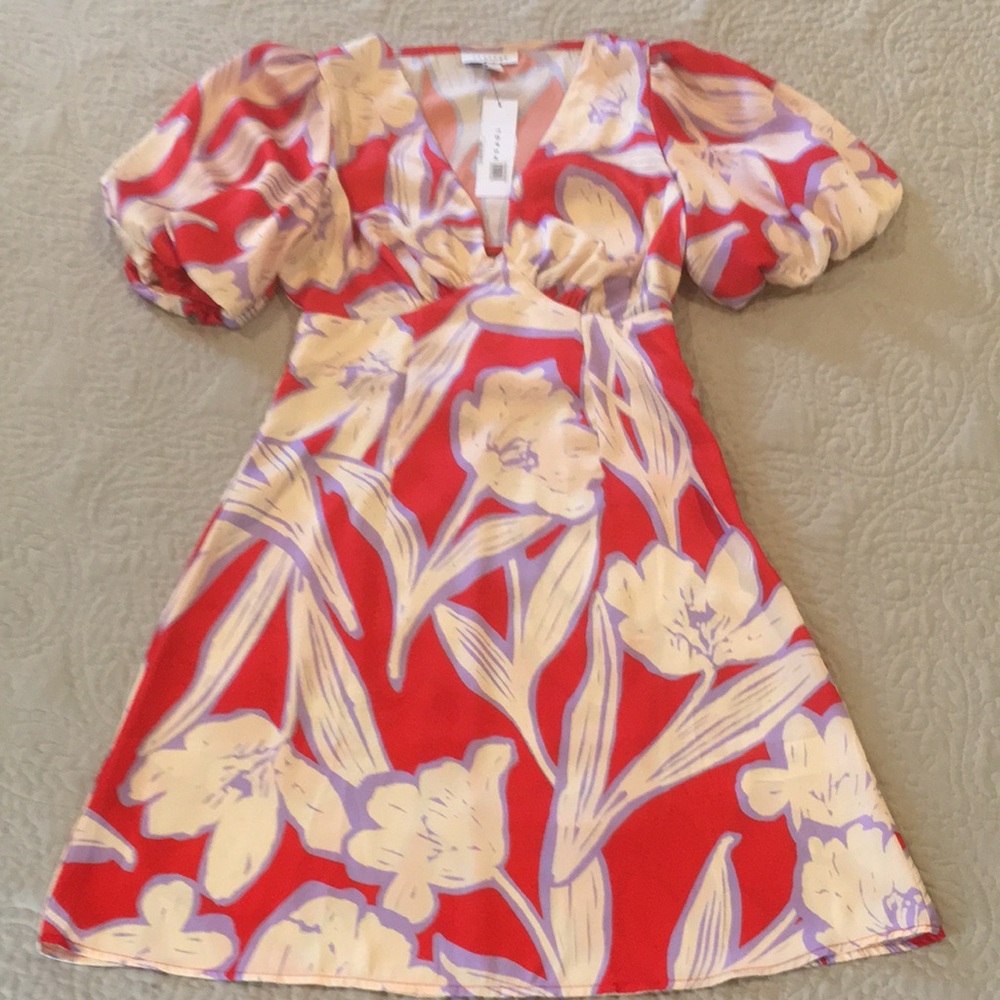 🆕 TOPSHOP Puff Sleeve Cutout Back Large Floral Satin Mini Dress 4 Red/Cream - Picture 2 of 15
